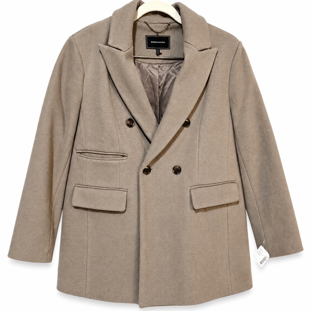 BCBGMAXAZRIA Women's Beige Wool Double Breasted Pea Coat L Pockets